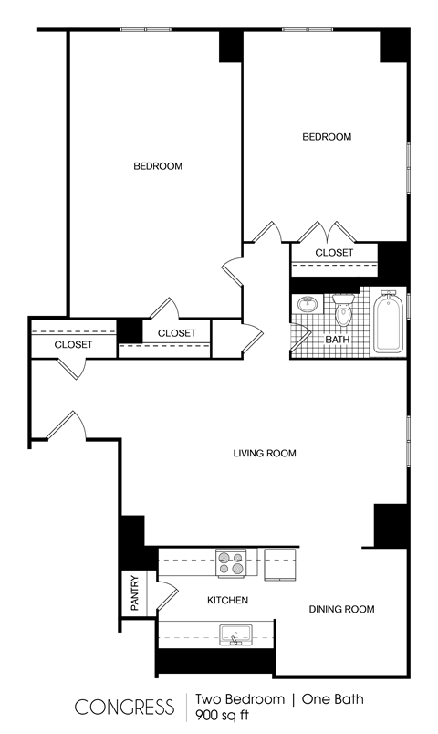 Floor plan for 2 beds, 1 bath, 900 sqft